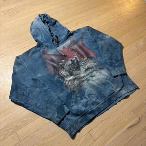 The Mountain Canada Wildlife Flag Tie Dye Hoodie Mens Large Blue Bear Wolf Moose